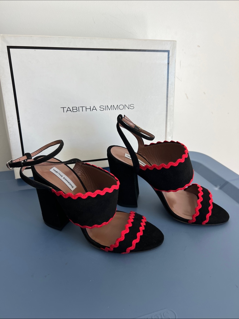 Tabitha Simmons stevie ricrac black suede leather open toe sandals heels red
